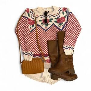 Cottagecore fairycore grandmacore vintage Vtg floral checkered knit sweater